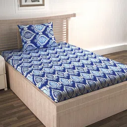 Divine Casa Blue & White Ethnic Motifs 144 TC Single Bedsheet with 1 Pillow Covers-image-44