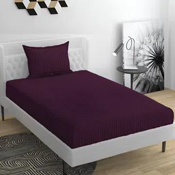 Bromwick Violet Striped Cotton 210 TC Single Bedsheet With 1 Pillow Cover-0