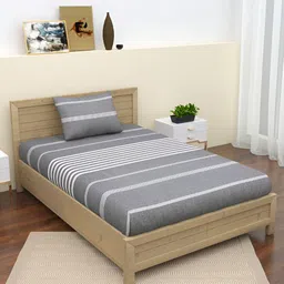 Homez Sparrow Grey & White Striped 160 TC Single Bedsheet With Pillow Cover-image-5
