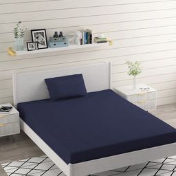 BELVOSTUM Navy Blue Striped Microfiber 220 TC Single Bedsheet with 1 Pillow Covers-image-70