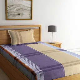 Arrabi Beige & Blue Striped 300 TC Single Bedsheet with 1 Pillow Cover-23