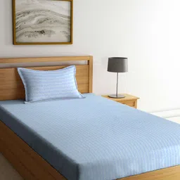 Arrabi Blue & White Striped 300 TC Single Bedsheet with 1 Pillow Cover-image-22