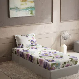 DDecor Purple & White Floral Cotton 150 TC Single Bedsheet With 1 Pillow Cover-image-2
