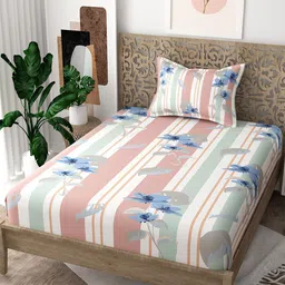 EverHOME Gen-Z Off White & Pink Striped 160 TC Cotton Single Bedsheet with 1 Pillow Cover-image-70