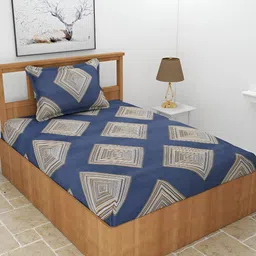 MORADO Blue & Beige Geometric Printed 210 TC Single Bedsheet With 1 Pillow Cover-26
