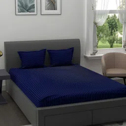 BED-SHEET.COM Blue Striped Cotton 144 TC Double King Bedsheet With 2 Pillow Covers-picture-23