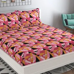 PRESTO Pink & Yellow Geometric 160 TC Pure Cotton Flat Queen Bedsheet with 2 Pillow Covers-25