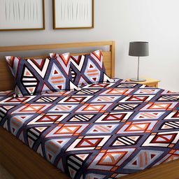 Arrabi Grey & Orange Geometric 300 TC King Bedsheet With 2 Pillow Covers-12