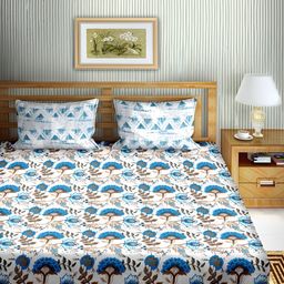Aura Blue & White Floral Cotton 180 TC Double Queen Bedsheet with 2 Pillow Covers-image-101