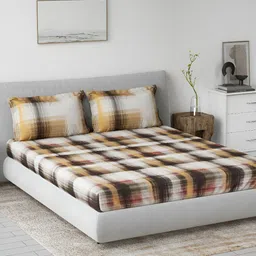 DDecor Brown Geometric Cotton 144 TC Queen Bedsheet with 2 Pillow Covers-image-55