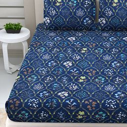 Aura Blue & Yellow Ethnic Motifs 220 TC Cotton Queen Bedsheet With 2 Pillow Covers-image-69