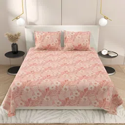 DREAM WEAVERZ Peach & White Floral 220 TC Cotton King Bedsheet with 2 Pillow Covers-21