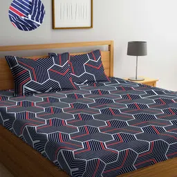 Arrabi Blue Geometric 300 TC Double Size Fitted Bedsheet with 2 Pillow Covers-11