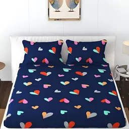 DECOR VATIKA Blue & Red Conversational 144 TC Queen Bedsheet with 2 Pillow Covers-image-82