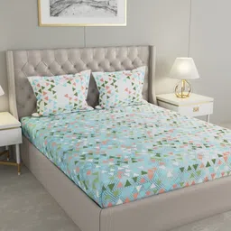 Raymond Home Blue & Green Geometric Cotton 144 TC Queen Bedsheet with 2 Pillow Covers-image-32