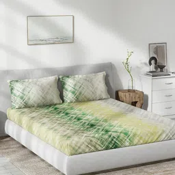 DDecor Green & White 144 TC Cotton Queen Bedsheet with 2 Pillow Covers-image-82