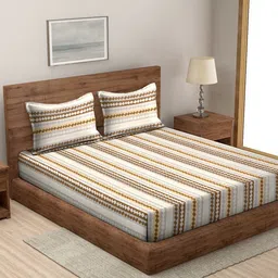 MODEFE Beige & Brown Striped 144 TC Queen Bedsheet with 2 Pillow Covers-picture-8
