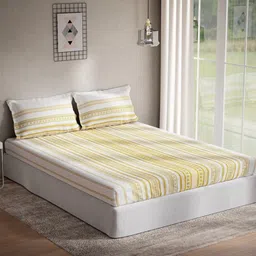 DDecor Yellow & White Ethnic Motifs 144 TC Cotton Queen Bedsheet with 2 Pillow Covers-image-49