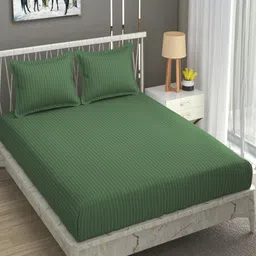 Aura Stripe Green Striped 180 TC Queen Bedsheet with 2 Pillow Covers-image-91