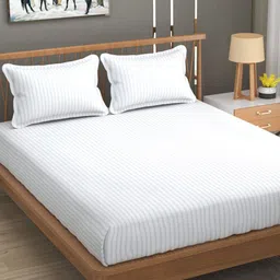 Aura Stripe White Striped 180 TC Queen Bedsheet with 2 Pillow Covers-image-68
