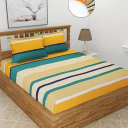 MORADO Yellow & Teal Striped 210 TC Queen Fitted Bedsheet with 2 Pillow Covers-image-96