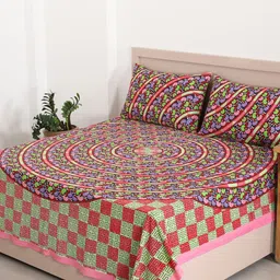 HANDICRAFT PALACE Pink & Green Floral 144 TC Cotton Queen Bedsheet & 2 Pillow Covers-image-77