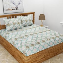 TEAL BY CHUMBAK Blue Printed Fitted Cotton 144 TC Queen Bedsheet With 2 Pillow Covers-image-9