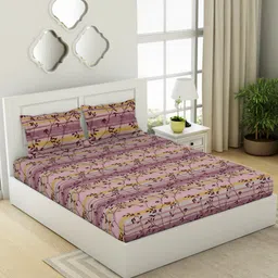SPACES Gypsy Violet & Yellow Printed Cotton 144 TC Queen Bedsheet with 2 Pillow Covers-29