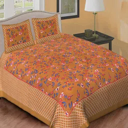 Qfab Brown & Blue Floral Cotton 144 TC Queen Bedsheet with 2 Pillow Covers-picture-23