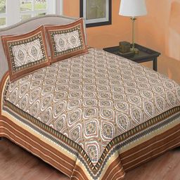 Qfab Brown & White Ethnic Motifs Cotton 144 TC Queen Bedsheet With 2 Pillow Covers-image-6