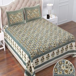 Qfab Green & White Floral Cotton 144 TC Queen Bedsheet With 2 Pillow Covers-image-91