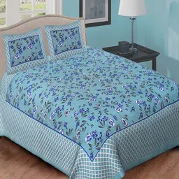 Qfab Blue & White Floral Cotton 144 TC Queen Bedsheet with 2 Pillow Covers-picture-24