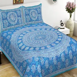 Qfab Blue & White Ethnic Motifs Cotton 144 TC Queen Bedsheet with 2 Pillow Covers-picture-41