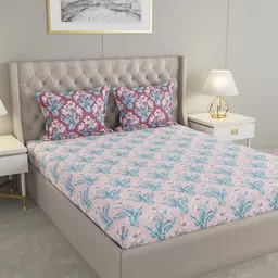 Raymond Home Pink & Blue Floral Printed Cotton 144 TC Queen Bedsheet with 2 Pillow Covers-image-66