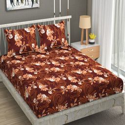 Aura Mario Brown & White Floral 180 TC Queen Bedsheet with 2 Pillow Covers-image-92