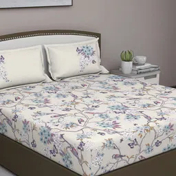 GM Grey & Blue Floral 180 TC Queen Bedsheet with 2 Pillow Covers-image-89