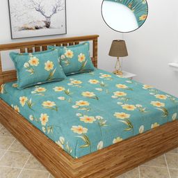 MORADO Green & Yellow Floral 210 TC Fitted Queen Bedsheet With 2 Pillow Covers-image-98