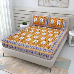 Wayne Martin Yellow & White Floral Cotton 210 TC Queen Bedsheet With 2 Pillow Covers-image-73