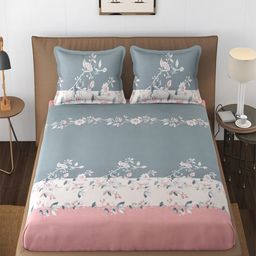 Hammer Home Grey & Pink Floral 210 TC Cotton Queen Bedsheet with 2 Pillow Covers-image-83