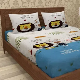 RRC White & Blue Cartoon Characters 144 TC Queen Bedsheet with 2 Pillow Covers-image-81