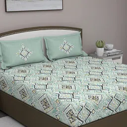 GM Green & White Ethnic Motifs 180 TC Queen Bedsheet with 2 Pillow Covers-image-33