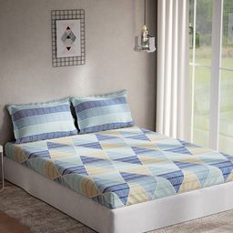 DDecor Blue & Beige Geometric Cotton 144 TC Queen Bedsheet With 2 Pillow Covers-picture-33