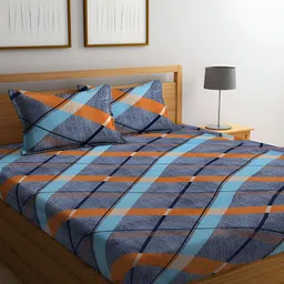 ERIC LONDON Blue and Orange Geometric 144 TC Queen Bedsheet with 2 Pillow Covers-image-1