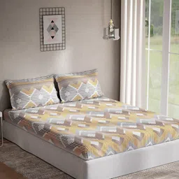 DDecor Brown & Grey Geometric Cotton 144 TC Queen Bedsheet With 2 Pillow Covers-image-98