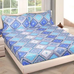 Aura Blue & White Geometric 150 TC Microfiber Queen Bedsheet Set 2.29 m x 2.54 m-picture-38