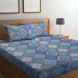 ERIC LONDON Blue & Grey Geometric Microfiber 180 TC Queen Bedsheet With 2 Pillow Covers-5