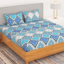 Bedspun Blue & Grey Geometric 180 TC Queen Bedsheet with 2 Pillow Covers-image-22