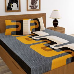 MORADO Grey & Yellow Geometric 210 TC Queen Bedsheet with 2 Pillow Covers-image-68