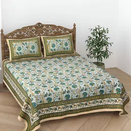 CURIOUS LIFESTYLE Blue & White Floral 300 TC Cotton Flat King Bedsheet & 2 Pillow Covers-58
