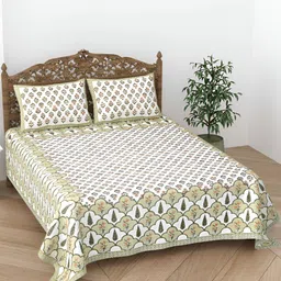 CURIOUS LIFESTYLE Tan & White Floral 300 TC Cotton Flat King Bedsheet & 2 Pillow Covers-image-90